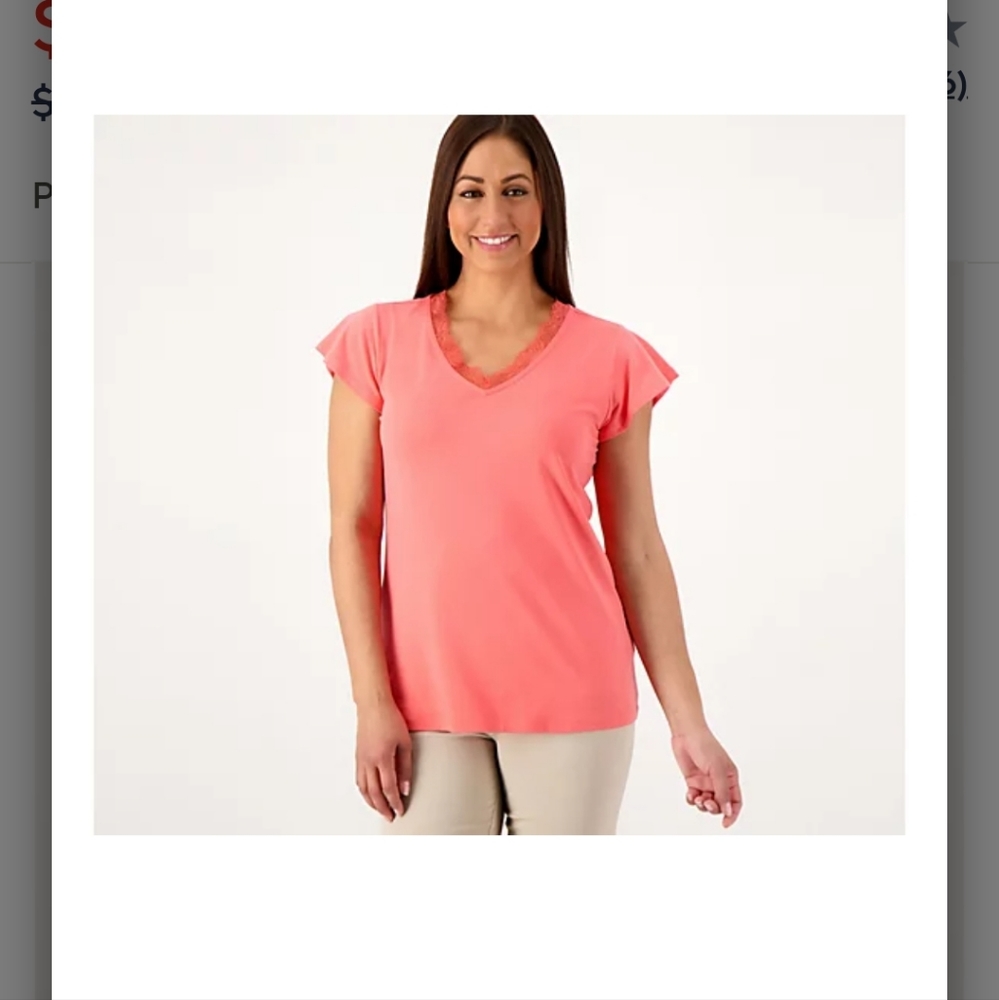 Denim & Co. Favorite Jersey V-neck Flutter Sleeve Top w/ Lace Trim Warm Coral 3X
